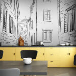 Fotobehang Tekening van een straat met gebouwen