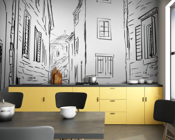 Fotobehang Tekening van een straat met gebouwen