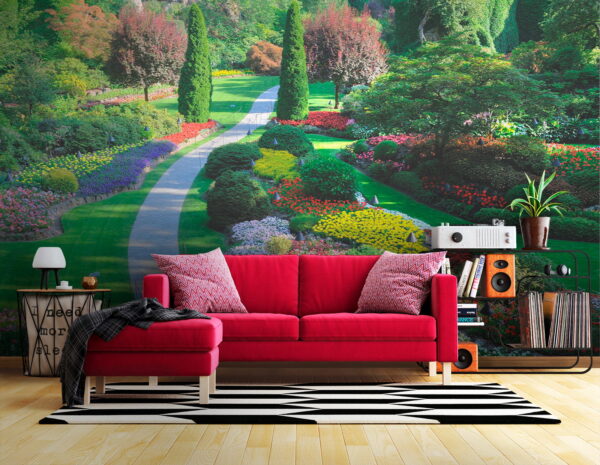 Tuin met veel bloemen en bomen Fotobehang Tuin met veel bloemen en bomen