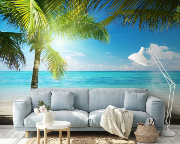 Palmbomen op een strand Fotobehang Palmbomen op een strand