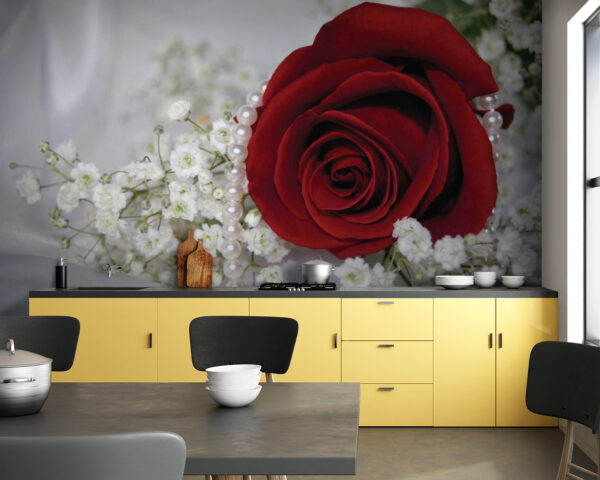 Rode roos en witte bloemen Fotobehang Rode roos en witte bloemen
