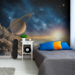 Fotobehang Planeet met ringen aan de hemel