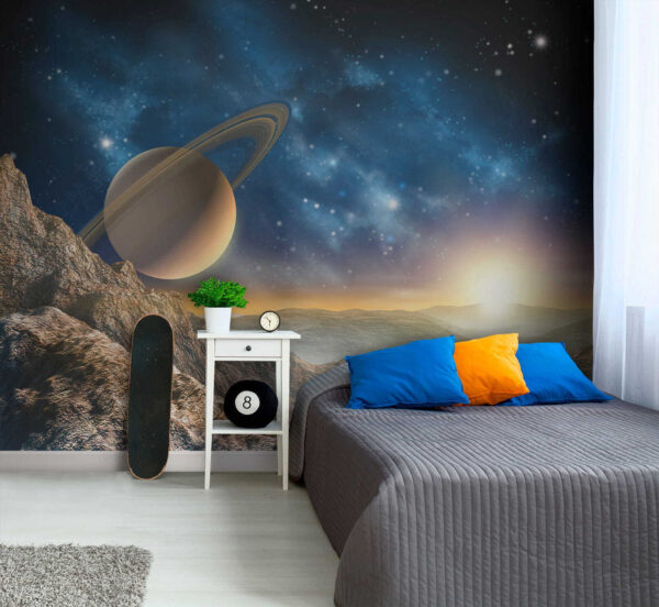Planeet met ringen aan de hemel Fotobehang Planeet met ringen aan de hemel
