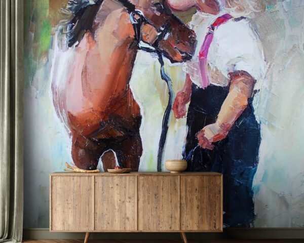 Schilderij van een meisje dat een paard kust Fotobehang Schilderij van een meisje dat een paard kust