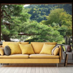 Fotobehang Uitzicht op een bos vanuit een kamer