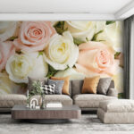 Fotobehang Groep roze en witte rozen
