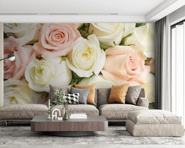 Fotobehang Groep roze en witte rozen