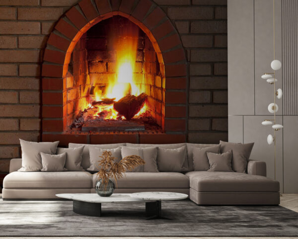 De bakstenen open haard straalt warmte uit Fotobehang De bakstenen open haard straalt warmte uit