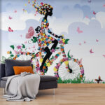 Fotobehang Fietsende vrouw met bloemen