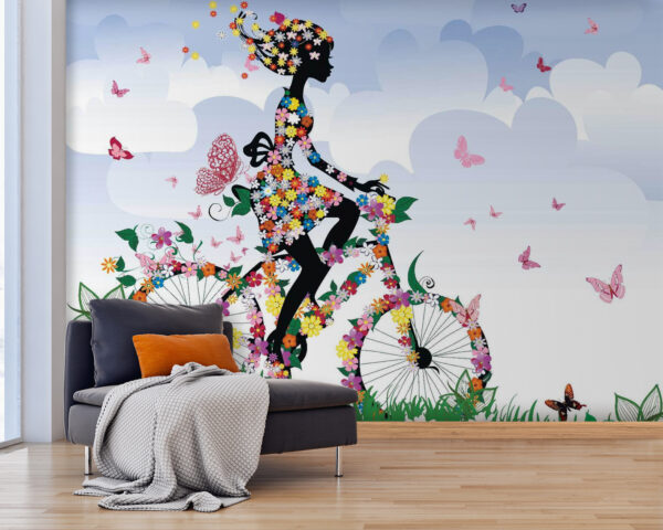 Fotobehang Fietsende vrouw met bloemen