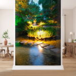 Fotobehang Stenen pad in een vijver met verlichting