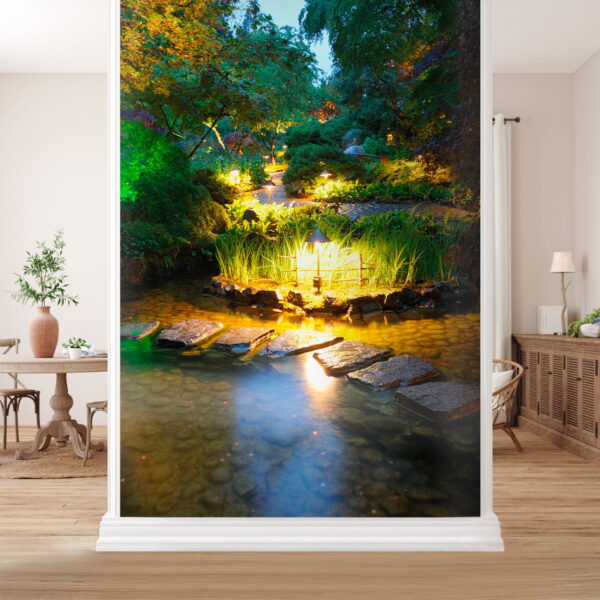Stenen pad in een vijver met verlichting Fotobehang Stenen pad in een vijver met verlichting