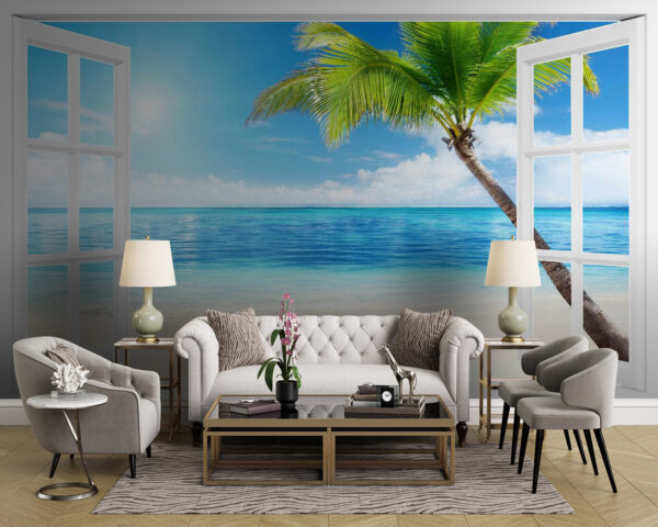 Deur open naar een strand Fotobehang Deur open naar een strand