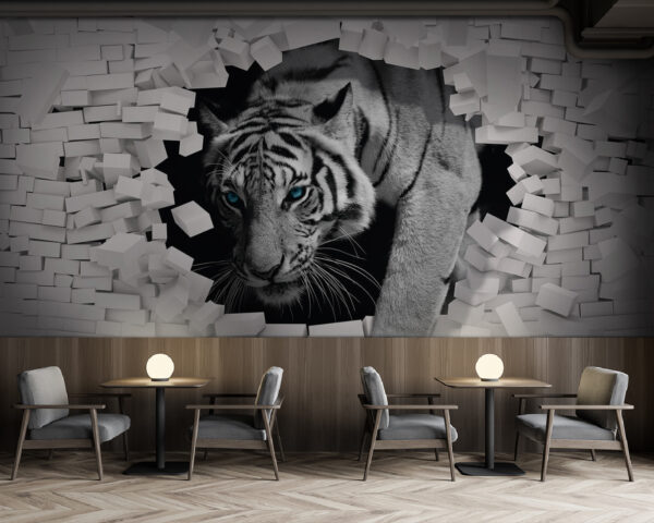 Tijger breekt door witte bakstenen muur Fotobehang Tijger breekt door witte bakstenen muur