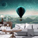 Fotobehang Luchtballon met mand in de lucht boven de wolken