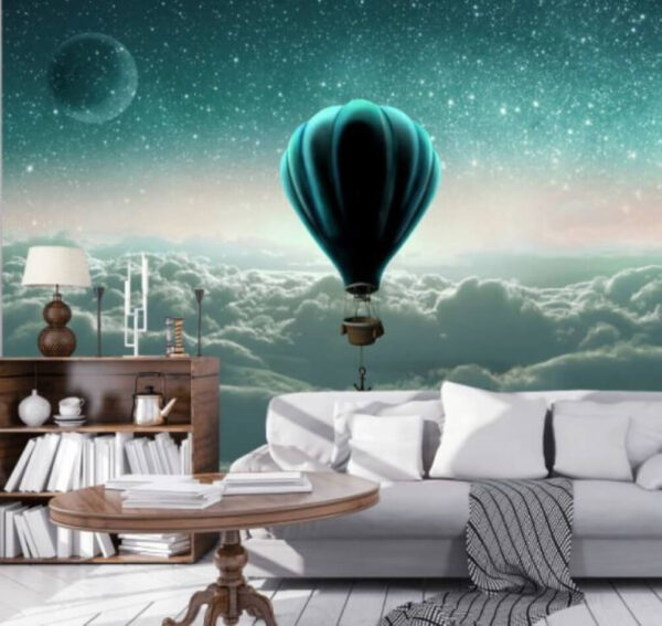 Luchtballon met mand in de lucht boven de wolken Fotobehang Luchtballon met mand in de lucht boven de wolken