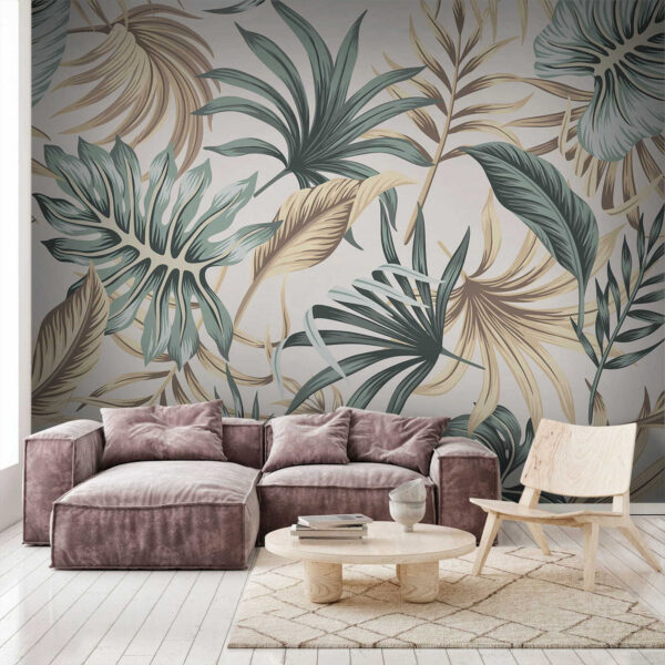 Tropische bladeren op beige achtergrond Fotobehang Tropische bladeren op beige achtergrond