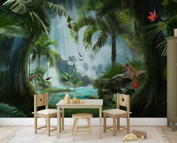 Serene jungle met een luierend luipaard Fotobehang Serene jungle met een luierend luipaard