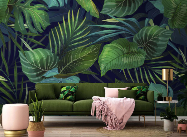 Illustratie van levendige junglebladeren Fotobehang Illustratie van levendige junglebladeren