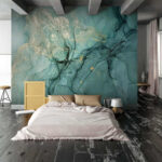 Fotobehang Abstracte groenblauwe en beige wervelende patronen.