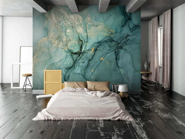 Abstracte groenblauwe en beige wervelende patronen Fotobehang Abstracte groenblauwe en beige wervelende patronen
