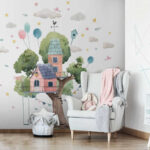 Fotobehang Aquarel schilderij van een boomhut