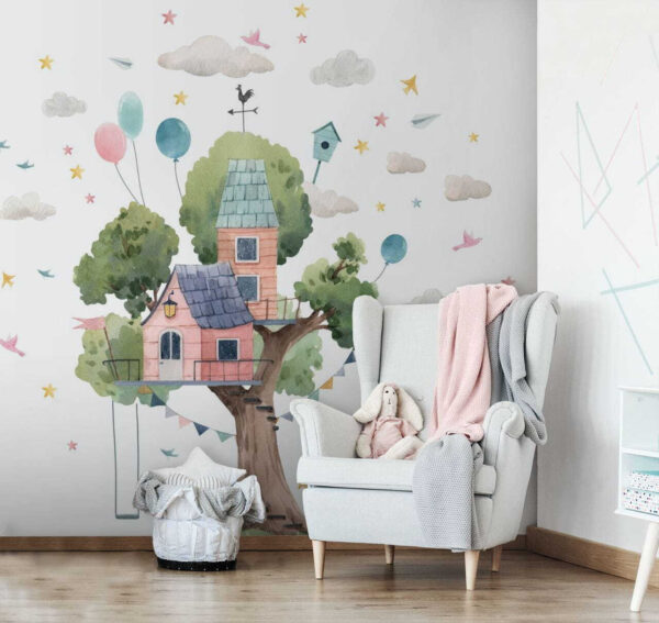 Aquarel schilderij van een boomhut Fotobehang Aquarel schilderij van een boomhut