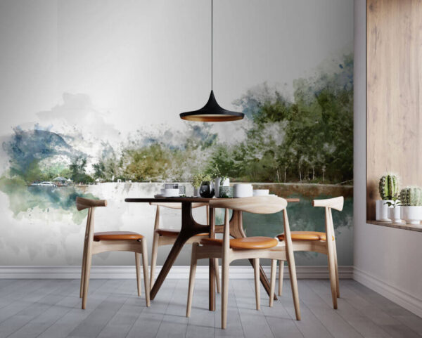 Aquarel van een meer met bomen en bergen op de achtergrond Fotobehang Aquarel van een meer met bomen en bergen op de achtergrond