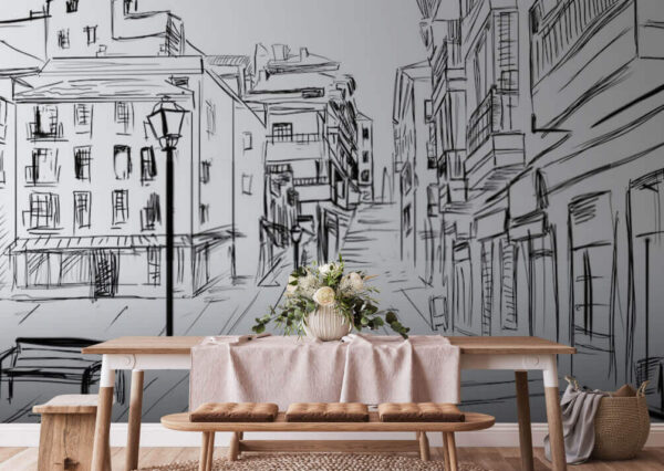 Zwart-wit tekening van een bankje Fotobehang Zwart-wit tekening van een bankje