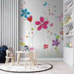 Fotobehang Groep bloemen met vlinders