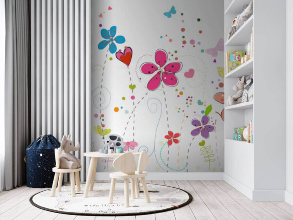 Groep bloemen met vlinders Fotobehang Groep bloemen met vlinders