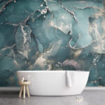 Fotobehang Abstracte groenblauwe en witte vloeistofkunst.