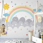 Fotobehang Regenboog en wolken met zon en sterren