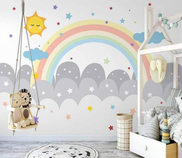 Regenboog en wolken met zon en sterren Fotobehang Regenboog en wolken met zon en sterren