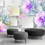 Fotobehang Behang met bloemen en vlinders