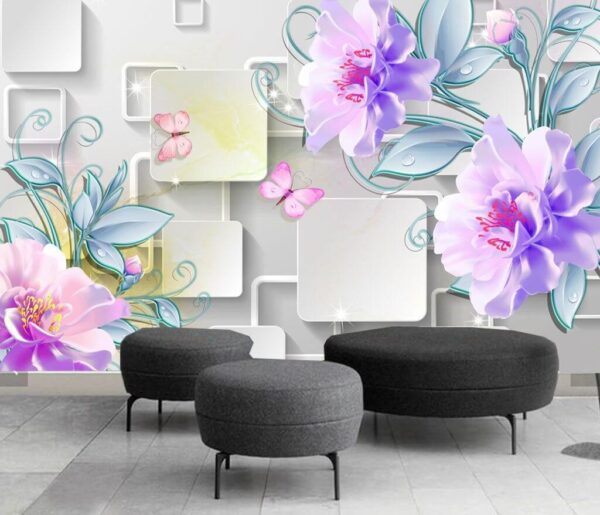 Behang met bloemen en vlinders Fotobehang Behang met bloemen en vlinders