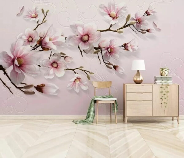 Roze magnolia's op elegante takken Fotobehang Roze magnolia's op elegante takken