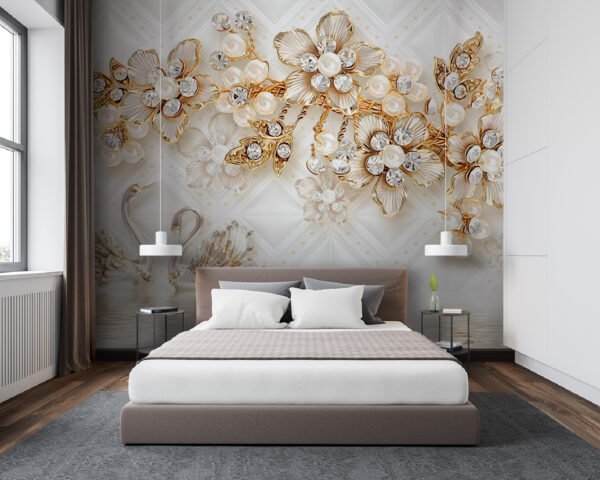 Behang met zwanen en bloemen Fotobehang Behang met zwanen en bloemen