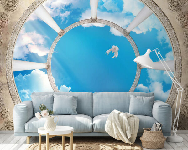 Cirkelvormig plafond met zuilen en een vogel die door de lucht vliegt Fotobehang Cirkelvormig plafond met zuilen en een vogel die door de lucht vliegt
