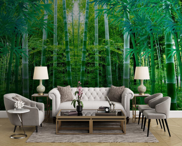 Sereen bamboebos, weelderig groene omgeving Fotobehang Sereen bamboebos, weelderig groene omgeving