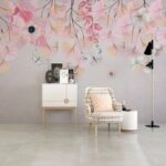 Fotobehang Schilderij van bloemen en vlinders