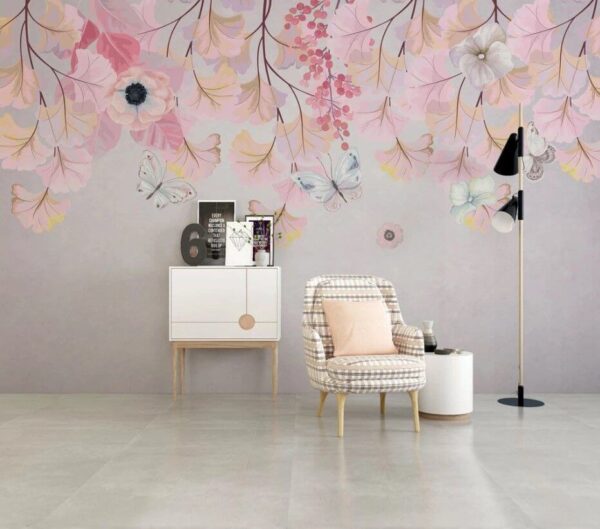 Schilderij van bloemen en vlinders Fotobehang Schilderij van bloemen en vlinders