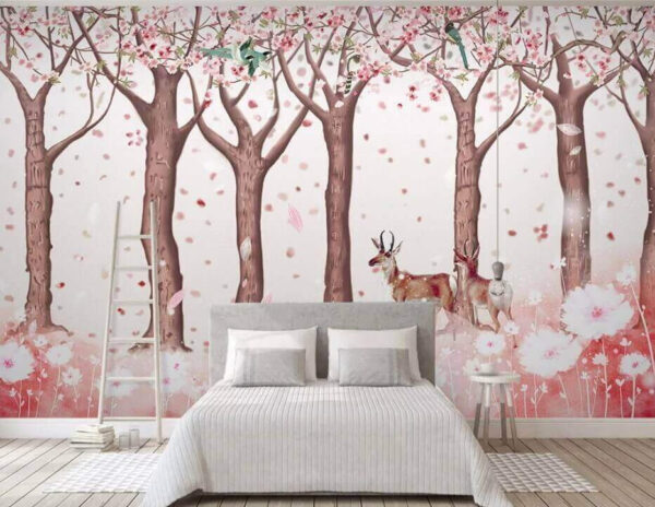 Groep bomen met bloemen en vogels Fotobehang Groep bomen met bloemen en vogels