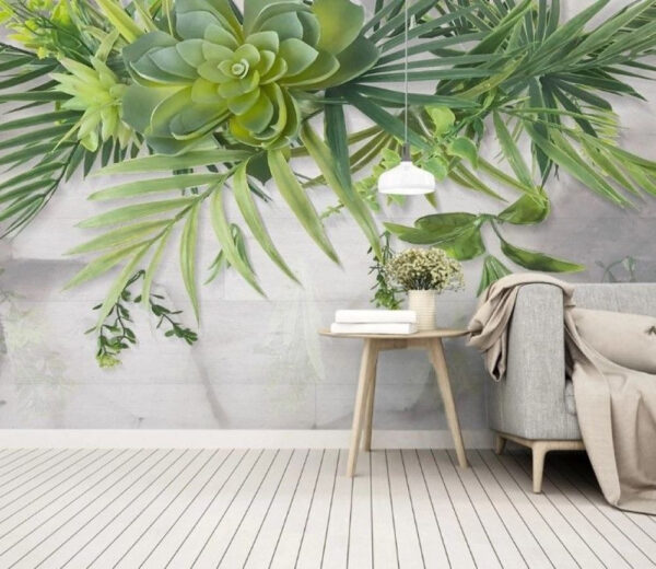 Groene vetplanten en bladerrijke takken boven je hoofd Fotobehang Groene vetplanten en bladerrijke takken boven je hoofd