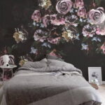 Fotobehang Groep bloemen op zwarte achtergrond