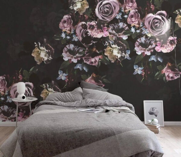 Groep bloemen op zwarte achtergrond Fotobehang Groep bloemen op zwarte achtergrond