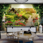 Fotobehang Tuin met bloemen en een huis