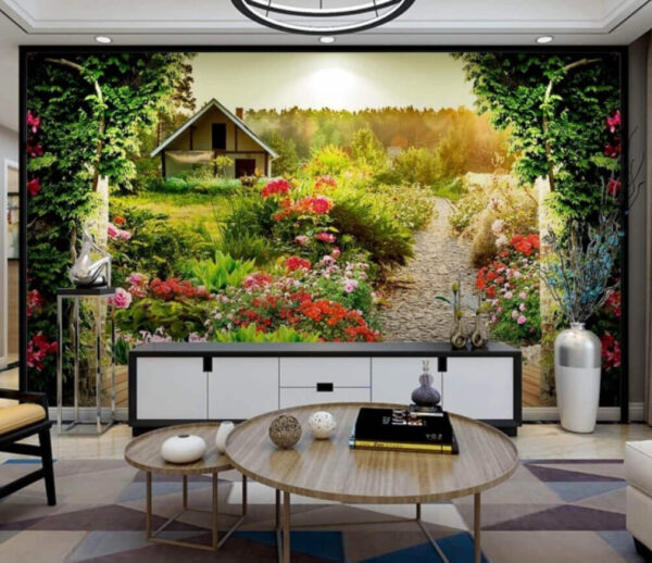 Tuin met bloemen en een huis Fotobehang Tuin met bloemen en een huis