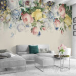 Fotobehang Delicate bloemen met kleurrijke vlinders