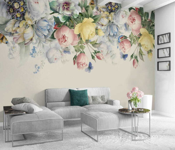 Delicate bloemen met kleurrijke vlinders Fotobehang Delicate bloemen met kleurrijke vlinders